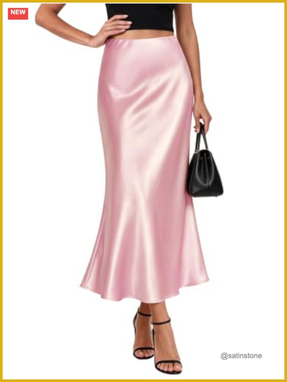 Women High Waist A-Line Satin Midi Skirt Flowy Silky